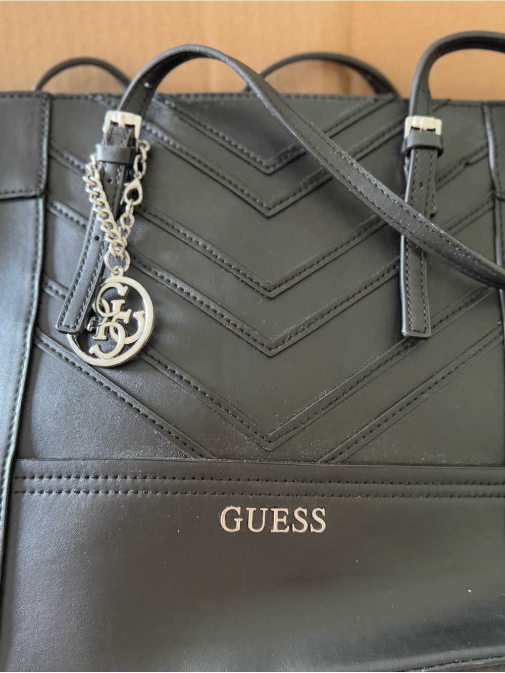 Guess Black Chevron Quilted Tote with Logo Charm